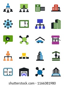 Color and black flat icon set - hierarchy vector, well, molecule, hospital, office building, garage, plan, home message