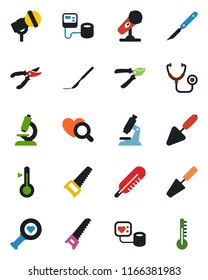 Color and black flat icon set - trowel vector, pruner, saw, stethoscope, blood pressure, thermometer, heart diagnostic, microscope, scalpel, microphone