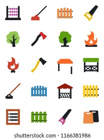 Color and black flat icon set - fence vector, tree, saw, fire, hoe, axe, abacus, table, alcove, cutting board