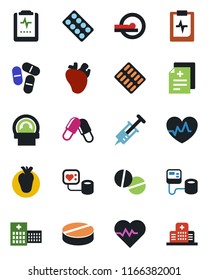 Color and black flat icon set - heart pulse vector, diagnosis, syringe, blood pressure, pills, blister, tomography, real, clipboard, hospital