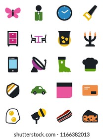 Color and black flat icon set - satellite antenna vector, cafe, trash bin, boot, saw, butterfly, car delivery, shield, microphone, cell phone, mail, clock, blank box, archive, waiter, cook hat