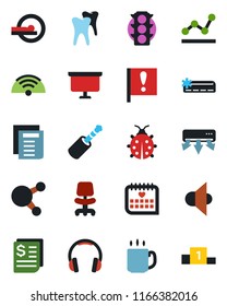 Color and black flat icon set - office chair vector, document, presentation board, lady bug, tomography, tooth, medical calendar, important flag, traffic light, receipt, speaker, headphones, share