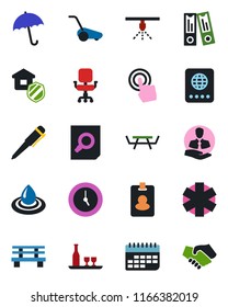 Color and black flat icon set - umbrella vector, passport, office binder, document search, pen, lawn mower, bench, picnic table, ambulance star, client, term, touch screen, clock, chair, alcohol