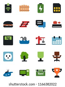Color and black flat icon set - baggage conveyor vector, calendar, fence, tree, scales, fragile, message, sim, charge, office chair, paper tray, pond, pool, rent, crane, hamburger, socket, pc