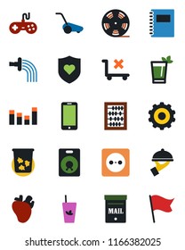 Color and black flat icon set - trash bin vector, mobile phone, gear, abacus, watering, lawn mower, heart shield, real, no trolley, reel, gamepad, equalizer, speaker, copybook, mailbox, phyto bar
