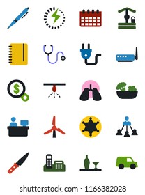 Color and black flat icon set - notepad vector, manager place, calendar, well, stethoscope, lungs, charge, office phone, hierarchy, pen, windmill, alcohol, salad, knife, power plug, router, police