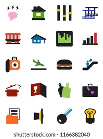 Color and black flat icon set - arrival vector, suitcase, escalator, brainstorm, house, railroad, film frame, camera, speaker, settings, scanner, bar graph, document folder, with garage, key, bulb