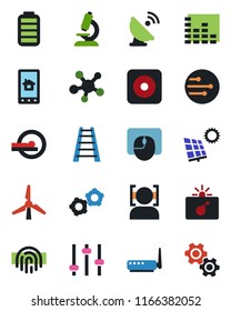 Color and black flat icon set - bomb in case vector, gear, mouse, ladder, microscope, tomography, satellite antenna, equalizer, share, battery, rec button, tuning, network, face id, fingerprint