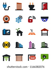 Color and black flat icon set - sold signboard vector, office building, city house, alcove, eco, power plug, wireless lock, web camera, snowflake, intercome, warm floor, jalousie, door, surveillance