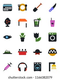 Color and black flat icon set - taxi vector, flower in pot, shovel, garden knife, syringe, eye, term, tulip, headphones, meeting, fruit tree, mountains, table, washer, cafe, phyto bar, dress code