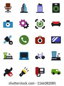 Color and black flat icon set - phone vector, camera, airport building, office chair, bike, satellite, tv, laptop pc, speaker, settings, torch, eye id, cushioned furniture, city house, intercome