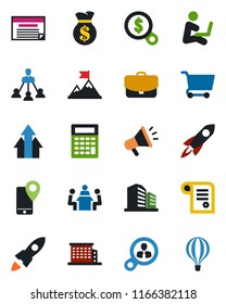 Color and black flat icon set - mobile tracking vector, meeting, hierarchy, office building, consumer search, arrow up graph, motivation, rocket, money bag, cart, case, calculator, schedule