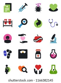 Color and black flat icon set - heart vector, diagnosis, stethoscope, syringe, blood test vial, diagnostic, microscope, scales, pills, bottle, hand, stomach, diet, patient, pregnancy, virus, flask