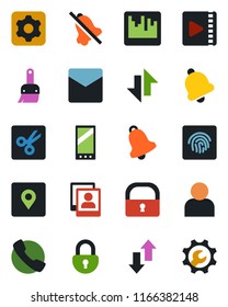 Color and black flat icon set - mobile vector, call, settings, themes, user, bell, mail, scanner, data exchange, mute, cut, place tag, lock, fingerprint id, video, photo gallery, root setup
