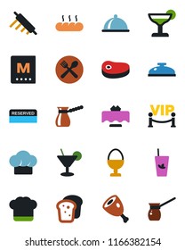 Color and black flat icon set - dish vector, restaurant table, cafe, cook hat, menu, reserved, reception, cocktail, phyto bar, egg stand, bread, vip zone, steak, ham, rolling pin, turkish coffee