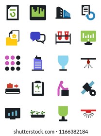 Color and black flat icon set - baggage conveyor vector, baby room, statistic monitor, document reload, seedling, blood test vial, pulse clipboard, satellite, fragile, dialog, menu, scanner, estate