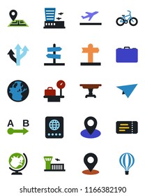 Color and black flat icon set - departure vector, ticket, passport, globe, luggage scales, airport building, case, bike, route, signpost, navigation, pin, place tag, table, earth, paper plane