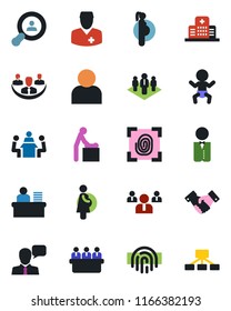 Color and black flat icon set - baby vector, room, handshake, team, meeting, hospital, doctor, pregnancy, speaker, user, fingerprint id, company, manager desk, client search, waiter, hierarchy