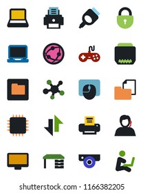 Color and black flat icon set - lock vector, mouse, desk, support, folder document, gamepad, network, monitor, laptop pc, share, hdmi, data exchange, printer, notebook, chip, web camera, man with