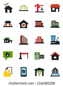 Color and black flat icon set - barrier vector, airport building, office, greenhouse, hospital, house, with garage, estate document, sweet home, crane, cafe, eco, control app, gate, message
