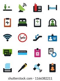 Color and black flat icon set - escalator vector, no smoking, reception, identity card, pen, document reload, pulse clipboard, satellite antenna, radio phone, wireless, news, paper tray, bedroom
