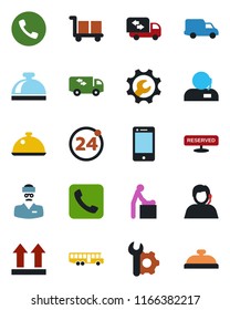 Color and black flat icon set - airport bus vector, 24 around, phone, reception bell, baby room, doctor, support, car delivery, cargo, up side sign, cell, call, root setup, moving, dish, reserved