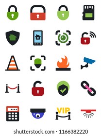 Color and black flat icon set - fence vector, border cone, lock, shield, flammable, chain, sd, face id, eye, vip zone, wireless, home control app, protect, combination, surveillance, sprinkler