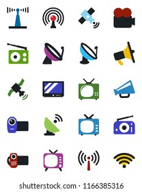Color and black flat icon set - antenna vector, satellite, radio, loudspeaker, tv, video camera, wireless