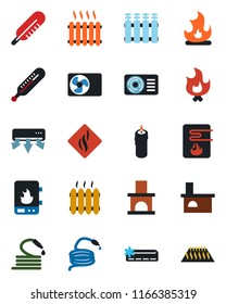 Color and black flat icon set - fire vector, hose, fireplace, thermometer, heater, air conditioner, candle, water, smoke detector, radiator, warm floor