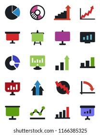 Color and black flat icon set - growth statistic vector, presentation board, crisis graph, monitor, circle chart, bar, pie, point, arrow up