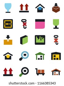 Color and black flat icon set - fragile vector, cargo, warehouse storage, up side sign, no hook, package, search, scanner, blank box