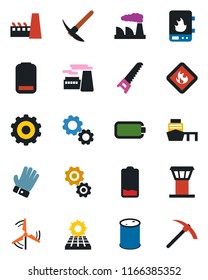 Color and black flat icon set - airport tower vector, gear, factory, glove, saw, sea port, flammable, oil barrel, low battery, sun panel, windmill, water heater, hard work