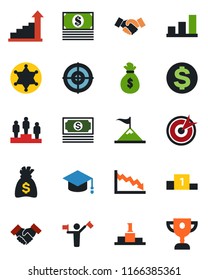 Color and black flat icon set - dispatcher vector, handshake, growth statistic, dollar sign, pedestal, graduate, money bag, cash, bar graph, target, police, motivation, crisis, award cup