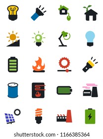 Color and black flat icon set - bulb vector, factory, fire, oil barrel, battery, torch, brightness, desk lamp, sun panel, home control, eco house, water heater, energy saving