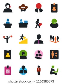 Color and black flat icon set - dispatcher vector, elevator, reception, manager, team, place, support, client, identity card, career ladder, estate agent, dress code, pass, man with notebook
