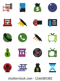 Color and black flat icon set - phone vector, tv, abacus, money bag, well, film frame, vinyl, video camera, microphone, call, office, rolling pin, fridge, sand clock