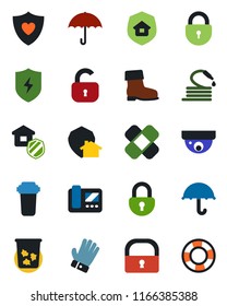 Color and black flat icon set - trash bin vector, lock, glove, boot, hose, patch, heart shield, umbrella, protect, estate insurance, intercome, water filter, home, surveillance, crisis management