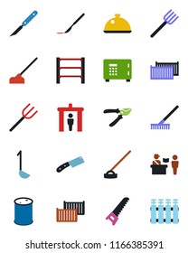 Color and black flat icon set - passport control vector, security gate, safe, farm fork, rake, pruner, saw, hoe, scalpel, cargo container, oil barrel, rack, dish, ladle, knife, radiator