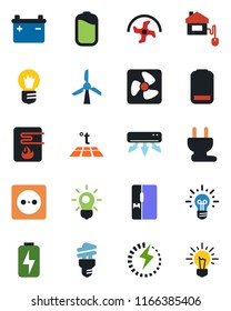 Color and black flat icon set - bulb vector, ripper, low battery, charge, air conditioner, fridge, home control, socket, power plug, fan, water heater, warm floor, energy saving, windmill, idea
