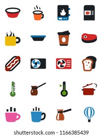 Color and black flat icon set - coffee machine vector, air conditioner, bread, steak, hot dog, bowl, steaming pan, turkish, water heater, thermometer, balloon