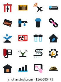 Color and black flat icon set - plane radar vector, security gate, drip irrigation, sorting, barcode, chain, root setup, air conditioner, smart home, intercome, control app, water filter, warm floor