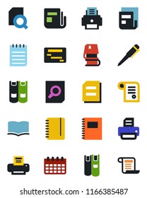 Color and black flat icon set - book vector, document search, pen, notepad, calendar, printer, news, copybook, schedule, contract