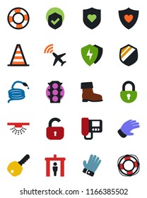 Color and black flat icon set - plane radar vector, security gate, border cone, glove, boot, hose, heart shield, traffic light, protect, lock, key, intercome, sprinkler, crisis management