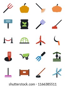 Color and black flat icon set - fence vector, garden fork, farm, rake, wheelbarrow, well, hoe, sickle, plant label, pumpkin, greenhouse, fertilizer, windmill