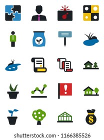 Color and black flat icon set - bomb in case vector, manager, contract, seedling, plant label, greenhouse, pond, fertilizer, important flag, application, point graph, house with tree, fruit