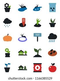 Color and black flat icon set - flower in pot vector, seedling, sproute, rain, plant label, pumpkin, seeds, pond, oil barrel, house with tree, apple fruit