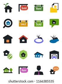 Color and black flat icon set - pond vector, house, with garage, tree, estate document, sale, rent, sold signboard, search, agent, smart home, insurance, eco, message