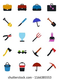 Color and black flat icon set - suitcase vector, umbrella, baggage larry, job, farm fork, bucket, pruner, axe, scalpel, fragile, themes, case, hard work