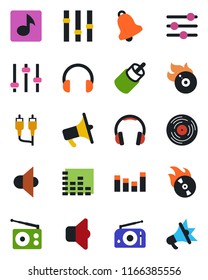 Color and black flat icon set - vinyl vector, flame disk, radio, speaker, loudspeaker, settings, equalizer, headphones, rca, tuning, bell, music, sound, advertising