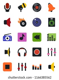 Color and black flat icon set - vinyl vector, flame disk, microphone, radio, speaker, settings, equalizer, headphones, stop button, rewind, tuning, bell, record, music, sound